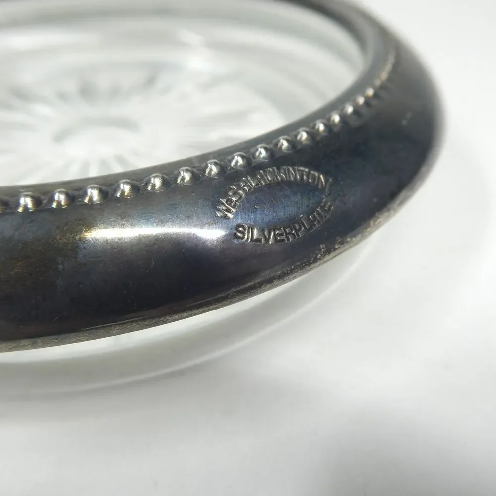 4 Coasters Set Silverplate Rim Crystal W&S Blackington Vintage
